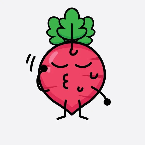 Vector Illustration Red Radish Character Cute Face Simple Body Line - Stok Vektor