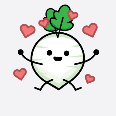 İzole edilmiş arkaplanda sevimli yüzü ve basit vücut çizgisi olan Beyaz Turp Karakterinin Vektör İllüstrasyonu