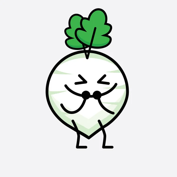 Vector Illustration White Radish Character Cute Face Simple Body Line - Stok Vektor