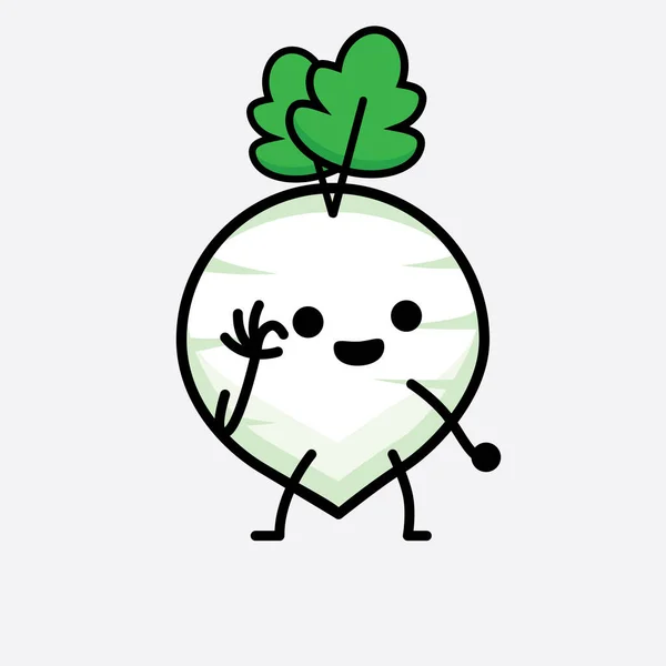 Vector Illustration White Radish Character Cute Face Simple Body Line - Stok Vektor