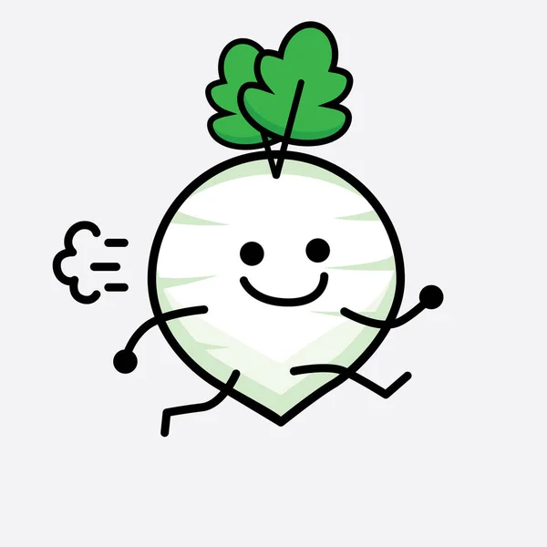 Vector Illustration White Radish Character Cute Face Simple Body Line - Stok Vektor