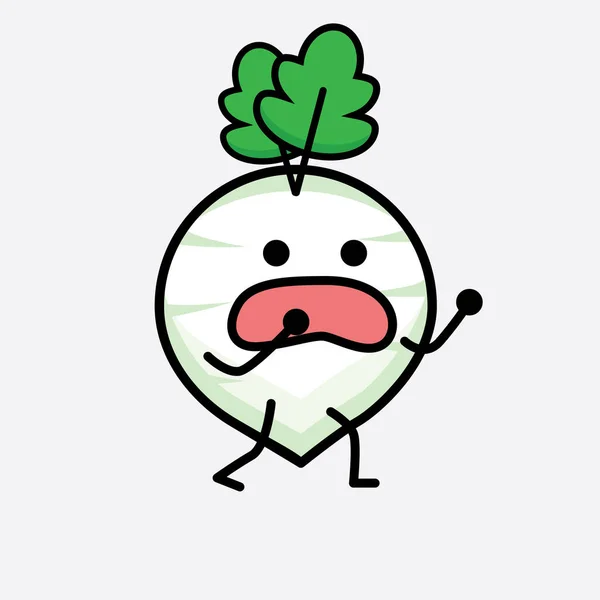 Vector Illustration White Radish Character Cute Face Simple Body Line - Stok Vektor