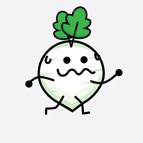 Vector Illustration White Radish Character Cute Face Simple Body Line - Stok Vektor