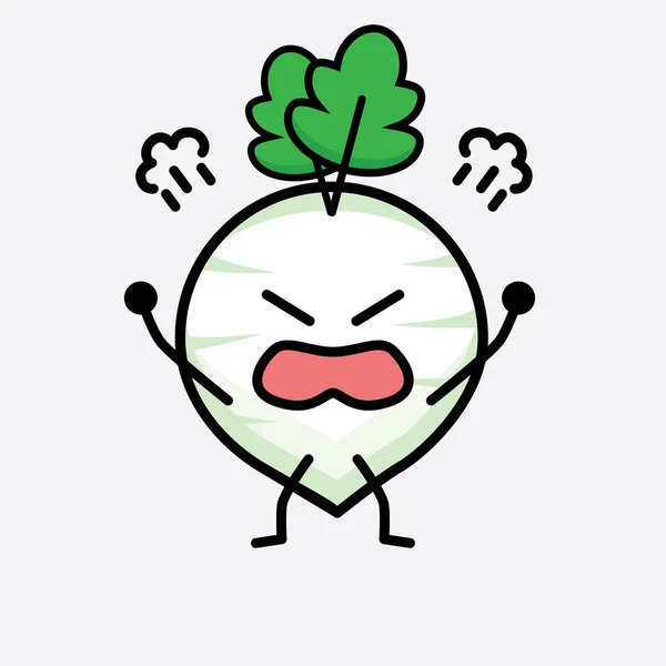 Vector Illustration White Radish Character Cute Face Simple Body Line - Stok Vektor