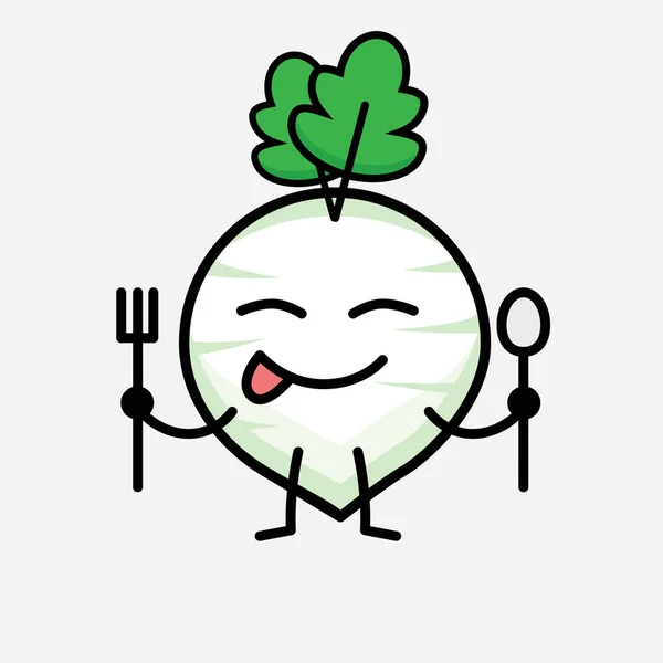 Vector Illustration White Radish Character Cute Face Simple Body Line — Stock Vector