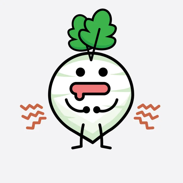 Vector Illustration White Radish Character Cute Face Simple Body Line - Stok Vektor