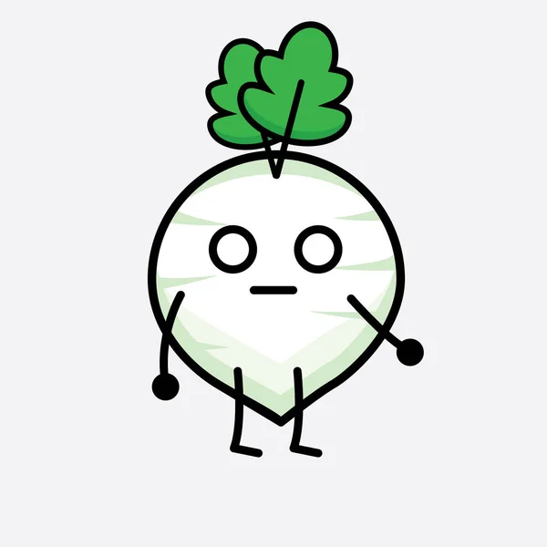 Vector Illustration White Radish Character Cute Face Simple Body Line - Stok Vektor