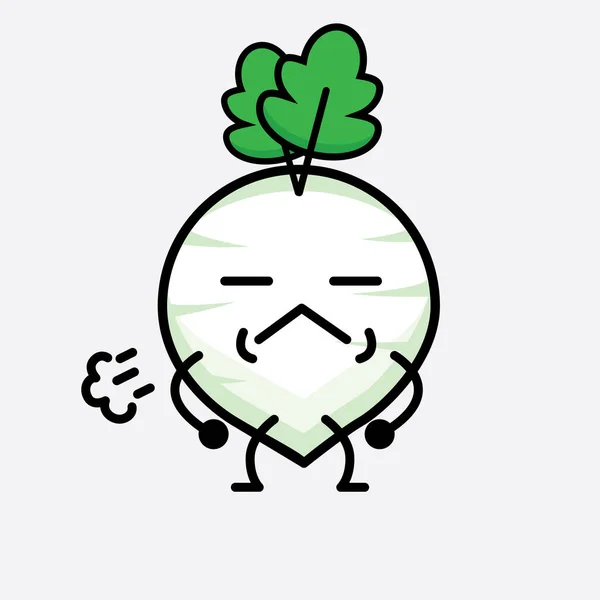 Vector Illustration White Radish Character Cute Face Simple Body Line - Stok Vektor