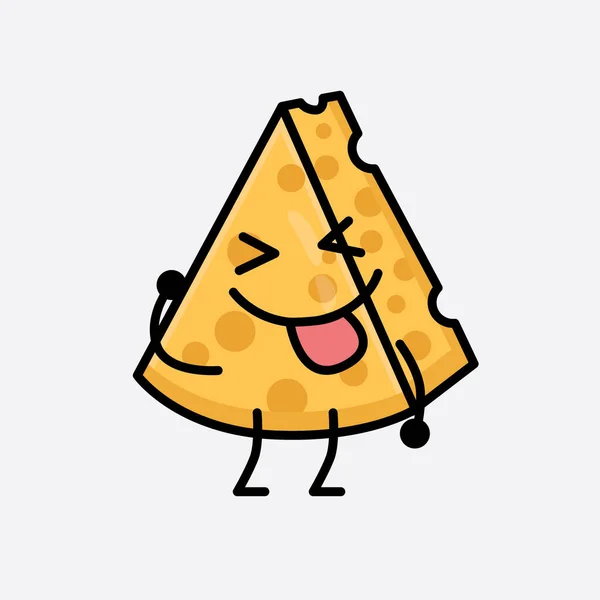 Vector Illustration Cheese Character Cute Face Simple Body Line Drawing - Stok Vektor