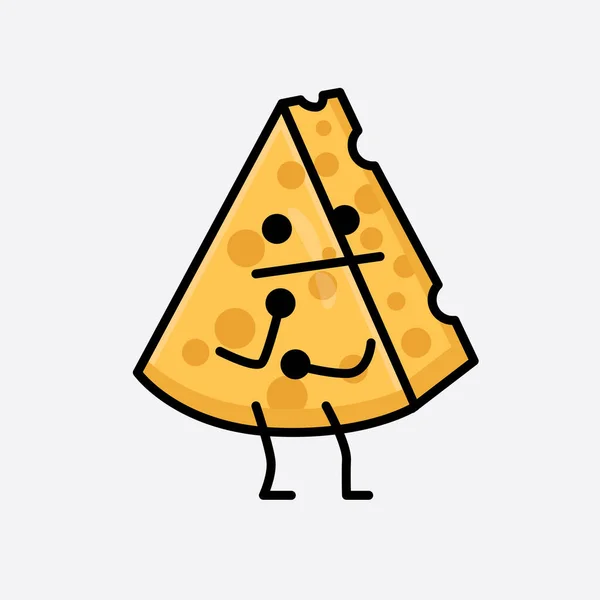 Vector Illustration Cheese Character Cute Face Simple Body Line Drawing - Stok Vektor