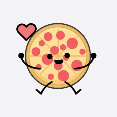 Tatlı yüzlü ve izole edilmiş arkaplanda basit bir vücut çizgisi olan Pizza Karakterinin Vektör İllüstrasyonu