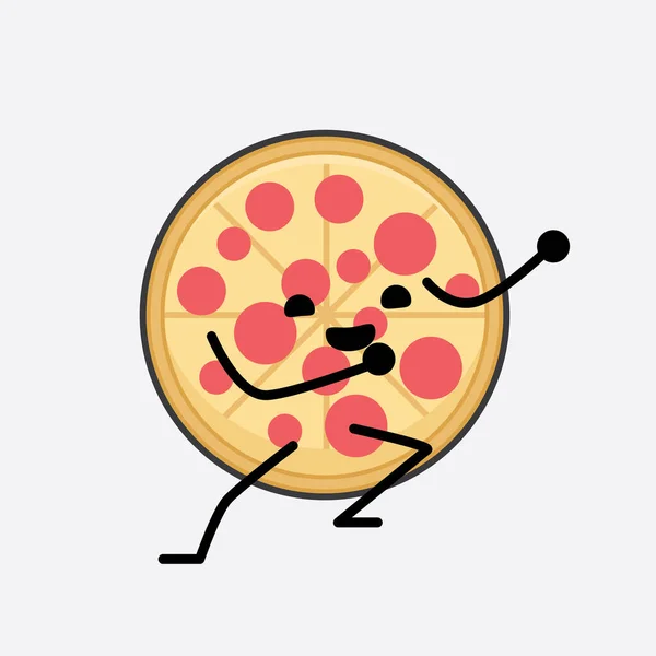Vektor Illustration Pizza Karaktär Med Söt Ansikte Och Enkel Kropp — Stock vektor