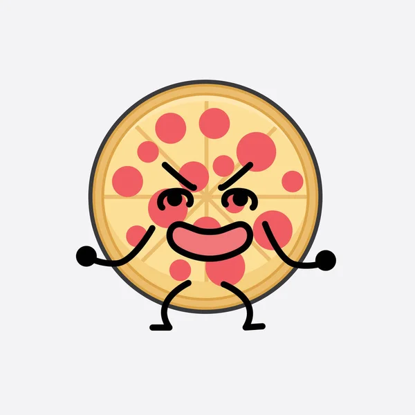 Vector Illustration Pizza Character Cute Face Simple Body Line Drawing — Stockvector