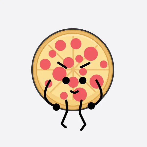 Vector Illustration Pizza Character Cute Face Simple Body Line Drawing — Stockvector