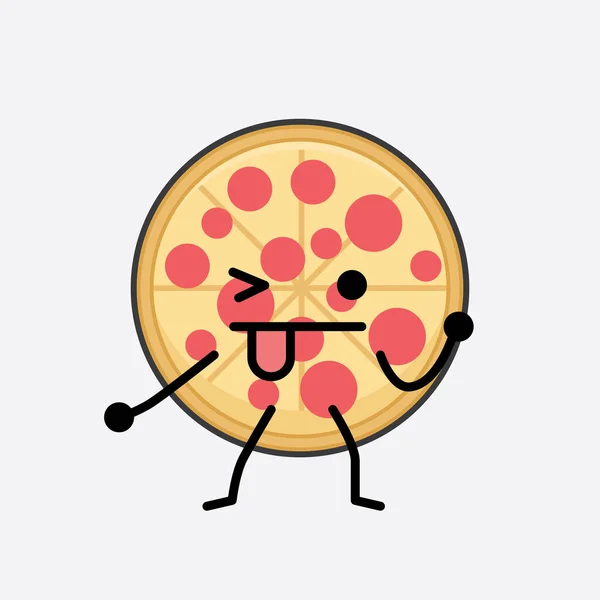 Vector Illustration Pizza Character Cute Face Simple Body Line Drawing — Stockvector