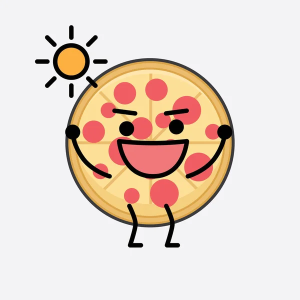 Vector Illusztrációja Pizza Karakter Aranyos Arc Egyszerű Test Vonal Rajz — Stock Vector