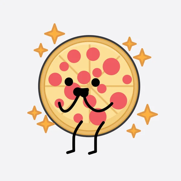 Vector Illustration Pizza Character Cute Face Simple Body Line Drawing — Stockvector