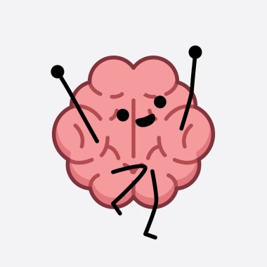 İzole edilmiş arkaplanda şirin yüzü ve basit vücut çizgisi olan Beyin Karakterinin Vektör İllüstrasyonu