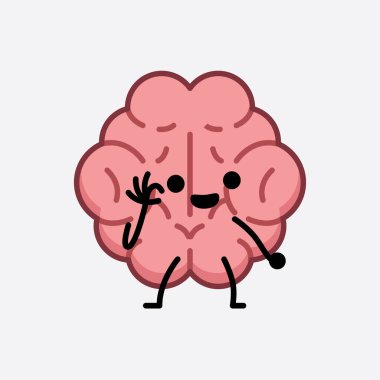İzole edilmiş arkaplanda şirin yüzü ve basit vücut çizgisi olan Beyin Karakterinin Vektör İllüstrasyonu