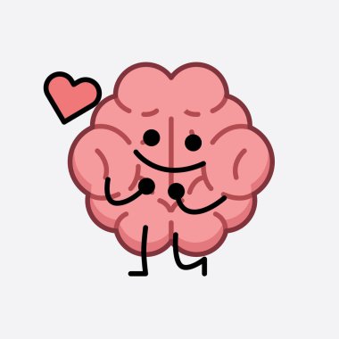 İzole edilmiş arkaplanda şirin yüzü ve basit vücut çizgisi olan Beyin Karakterinin Vektör İllüstrasyonu