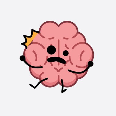 İzole edilmiş arkaplanda şirin yüzü ve basit vücut çizgisi olan Beyin Karakterinin Vektör İllüstrasyonu