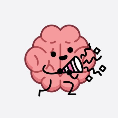 İzole edilmiş arkaplanda şirin yüzü ve basit vücut çizgisi olan Beyin Karakterinin Vektör İllüstrasyonu