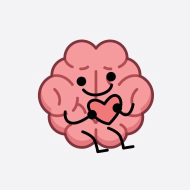 İzole edilmiş arkaplanda şirin yüzü ve basit vücut çizgisi olan Beyin Karakterinin Vektör İllüstrasyonu