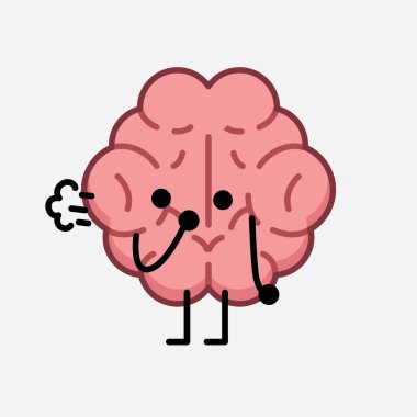 İzole edilmiş arkaplanda şirin yüzü ve basit vücut çizgisi olan Beyin Karakterinin Vektör İllüstrasyonu