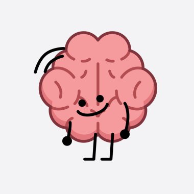 İzole edilmiş arkaplanda şirin yüzü ve basit vücut çizgisi olan Beyin Karakterinin Vektör İllüstrasyonu