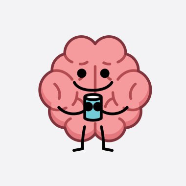 İzole edilmiş arkaplanda şirin yüzü ve basit vücut çizgisi olan Beyin Karakterinin Vektör İllüstrasyonu