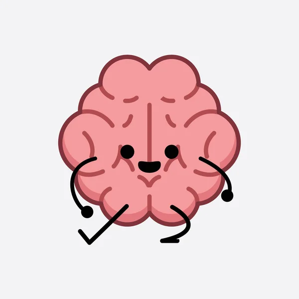 Vector Illustration Brain Character Cute Face Simple Body Line Drawing - Stok Vektor