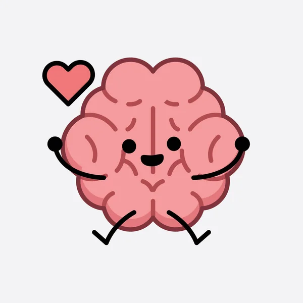 Vector Illustration Brain Character Cute Face Simple Body Line Drawing - Stok Vektor