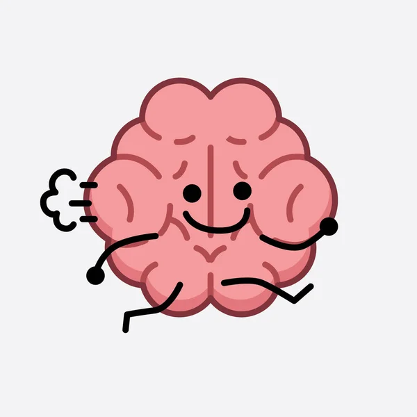 Vector Illustration Brain Character Cute Face Simple Body Line Drawing - Stok Vektor