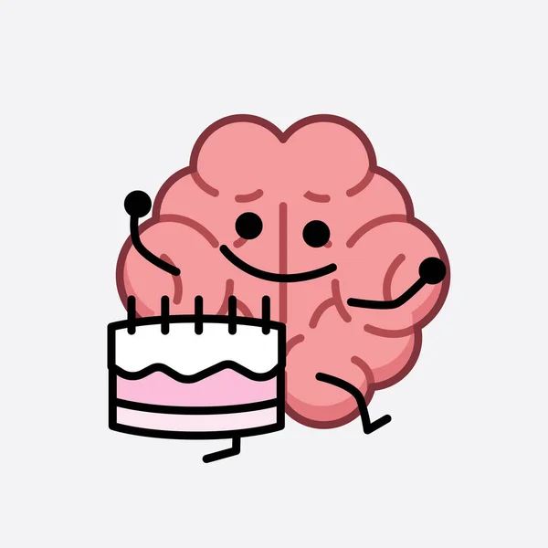Vector Illustration Brain Character Cute Face Simple Body Line Drawing - Stok Vektor