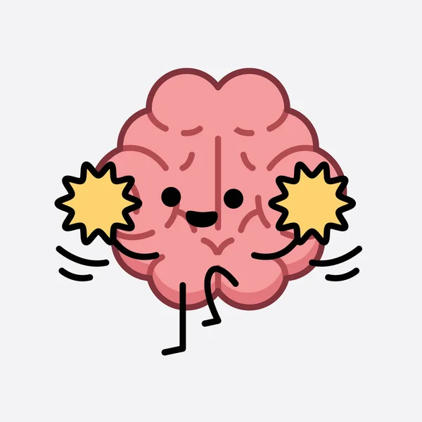 Vector Illustration Brain Character Cute Face Simple Body Line Drawing — Stock Vector
