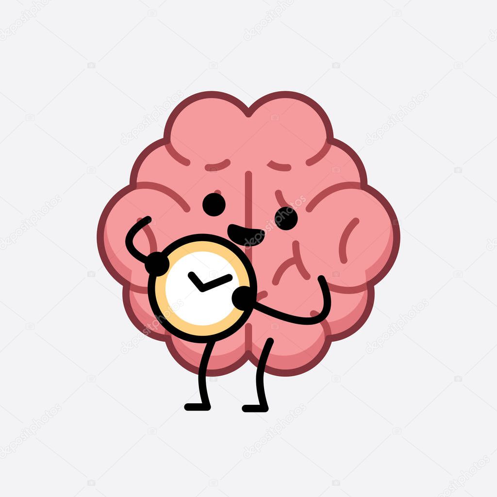 Vector Illustration of Brain Character with cute face and simple body line drawing on isolated background