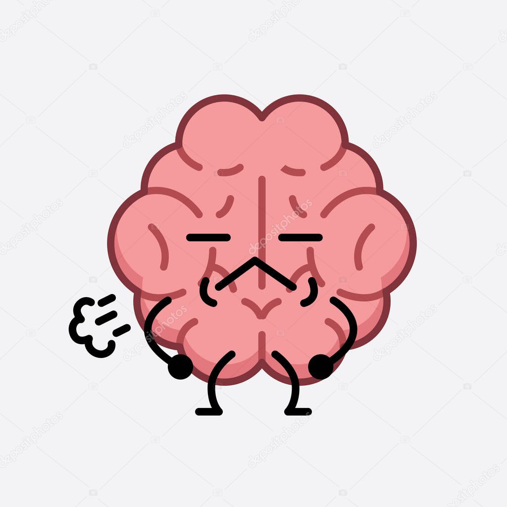 Vector Illustration of Brain Character with cute face and simple body line drawing on isolated background