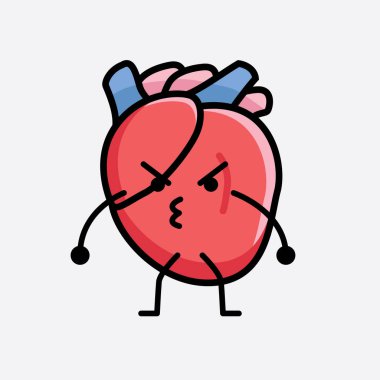 Yalıtılmış arkaplanda sevimli yüzü ve basit vücut çizgisi olan Kalp Organı Karakterinin Vektör İllüstrasyonu