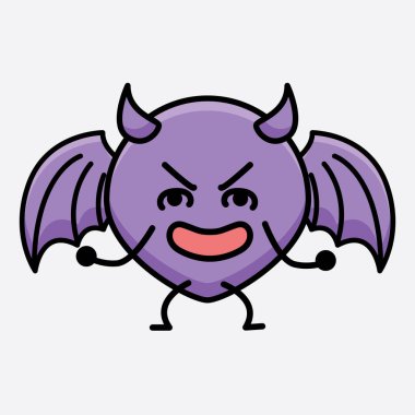 İzole edilmiş arkaplanda sevimli yüzlü ve basit vücut çizgisi olan Şeytan Yarasa Karakterinin Vektör İllüstrasyonu