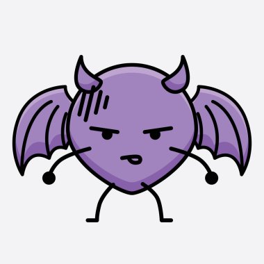 İzole edilmiş arkaplanda sevimli yüzlü ve basit vücut çizgisi olan Şeytan Yarasa Karakterinin Vektör İllüstrasyonu