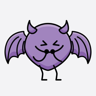 İzole edilmiş arkaplanda sevimli yüzlü ve basit vücut çizgisi olan Şeytan Yarasa Karakterinin Vektör İllüstrasyonu