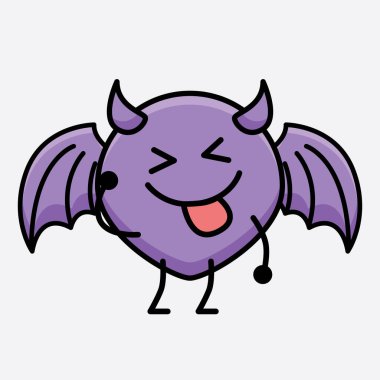 İzole edilmiş arkaplanda sevimli yüzlü ve basit vücut çizgisi olan Şeytan Yarasa Karakterinin Vektör İllüstrasyonu