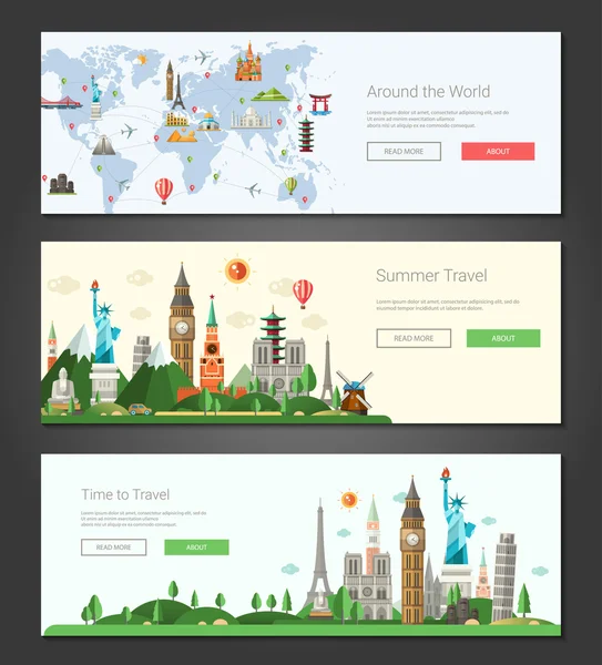 Плоские дизайнерские баннеры, гарнитуры, иллюстрации со всемирно известными достопримечательностями — стоковый вектор