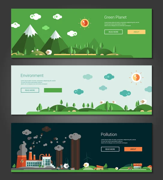 Projeto plano paisagens naturais e ecológicas banners set — Vetor de Stock