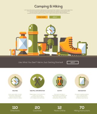 Camping, hiking website template with header and icons