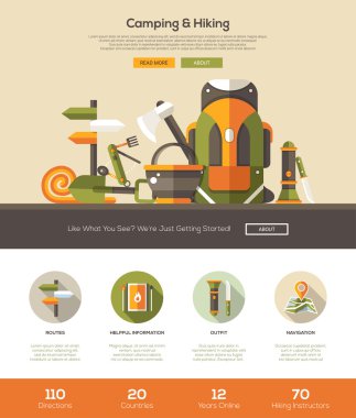 Camping, hiking website template with header and icons