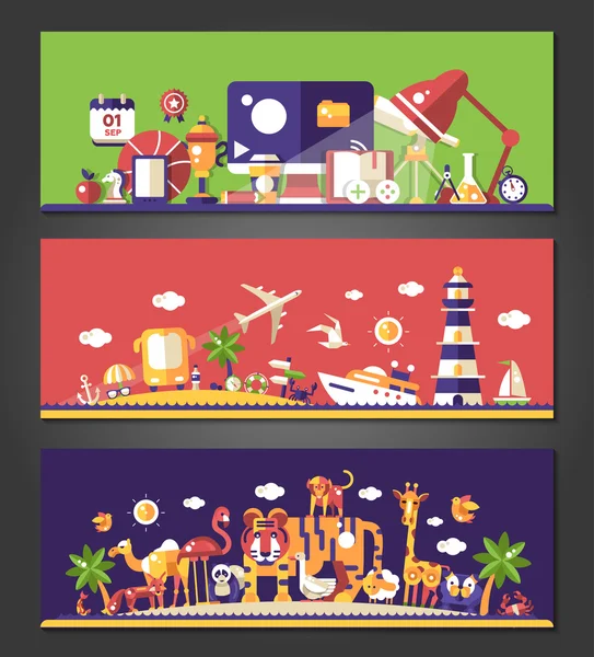 Flat design banners set. School, travel and wild animals — 图库矢量图片