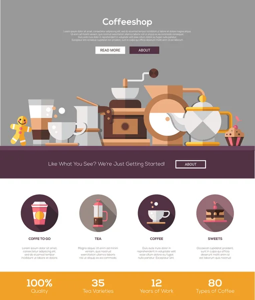 Coffee shop, cafe bakery website template with header and icons — ストックベクタ