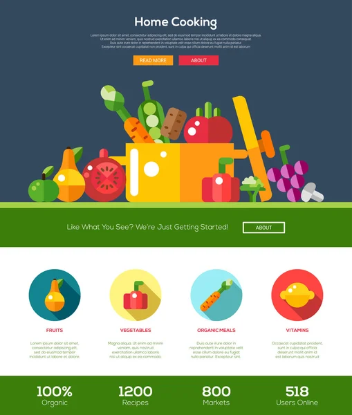 Diseño plano frutas y verduras encabezado del sitio web con iconos — Archivo Imágenes Vectoriales