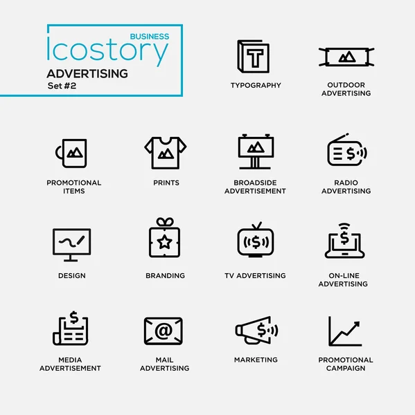 Modern reklam basit ince çizgi tasarım simgeleri, piktogram seti